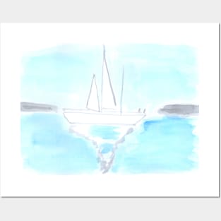 Yacht, sea, ocean, sports, nature, landscape, seascape, summer, vacation, watercolor, watercolour, hand drawn, drawing, illustration, Posters and Art